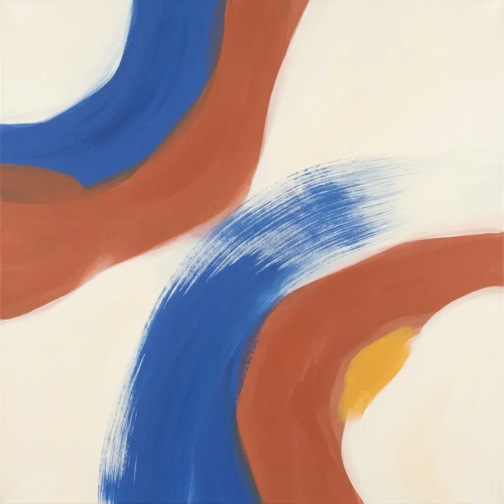 Pintura abstrata com um amplo gesto de pincel azul cobalto, formas curvas em terracota, um detalhe amarelo e espaço negativo marfim quente