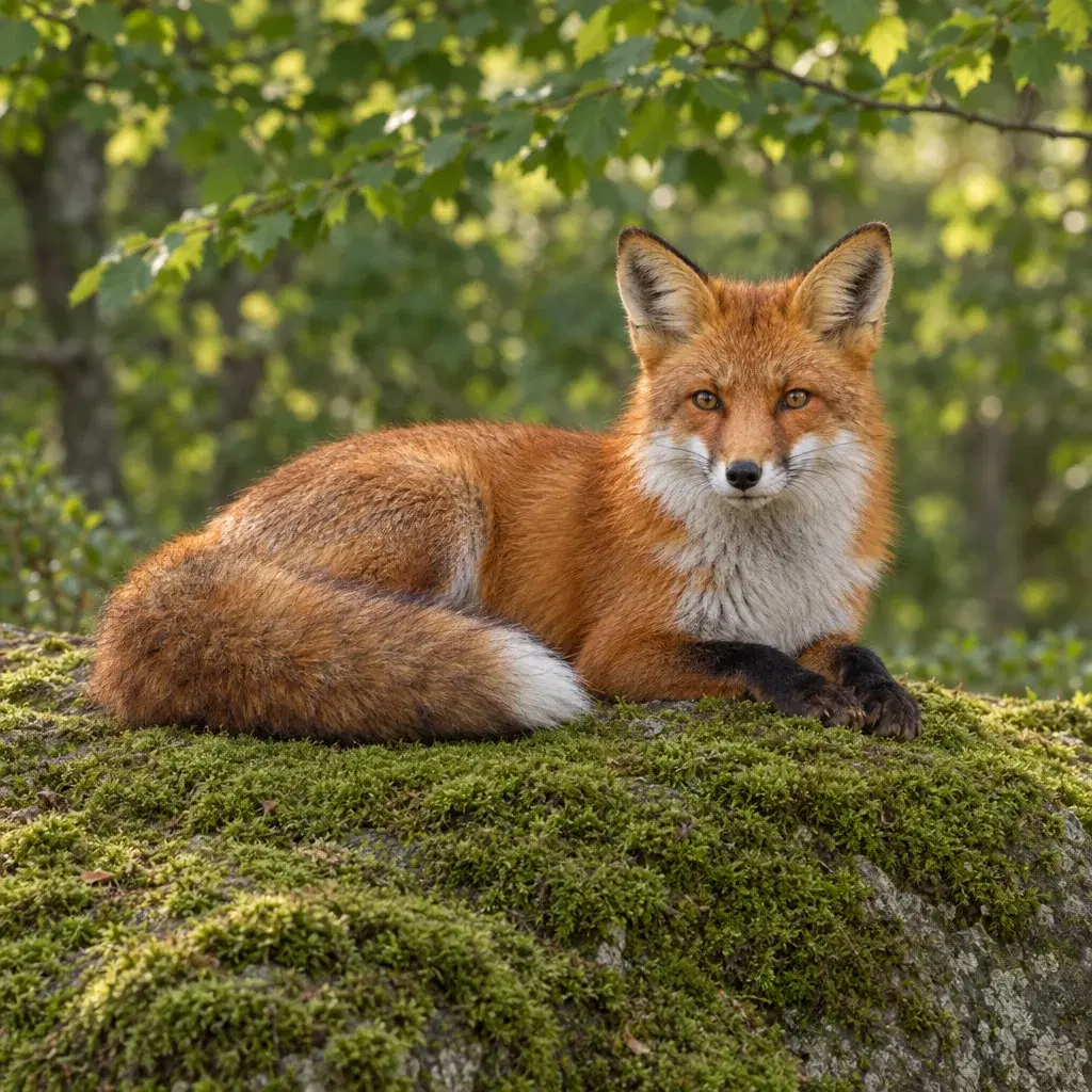 AI-generated red fox with russet fur and a white chest resting on a mossy rock in a softly lit woodland
