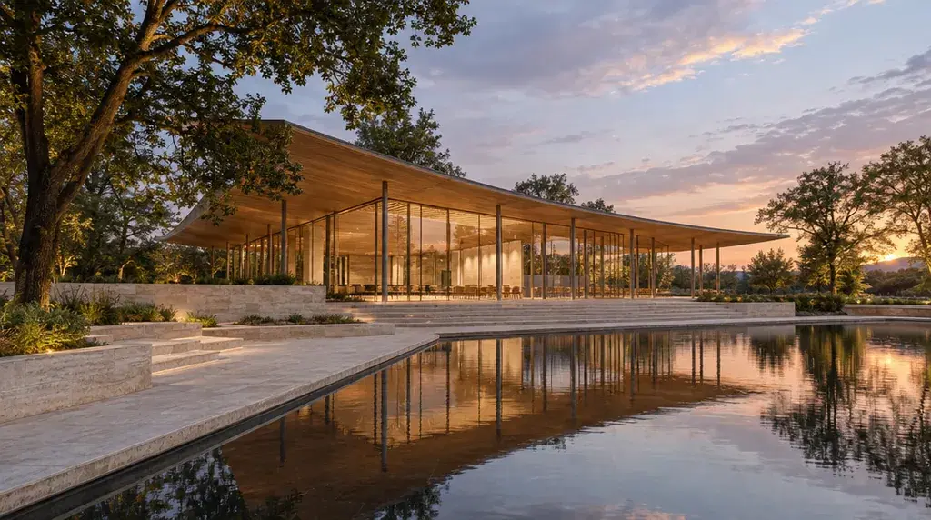 Photorealistic architecture concept of a low civic pavilion with a sweeping timber roof, transparent hall and reflecting pool