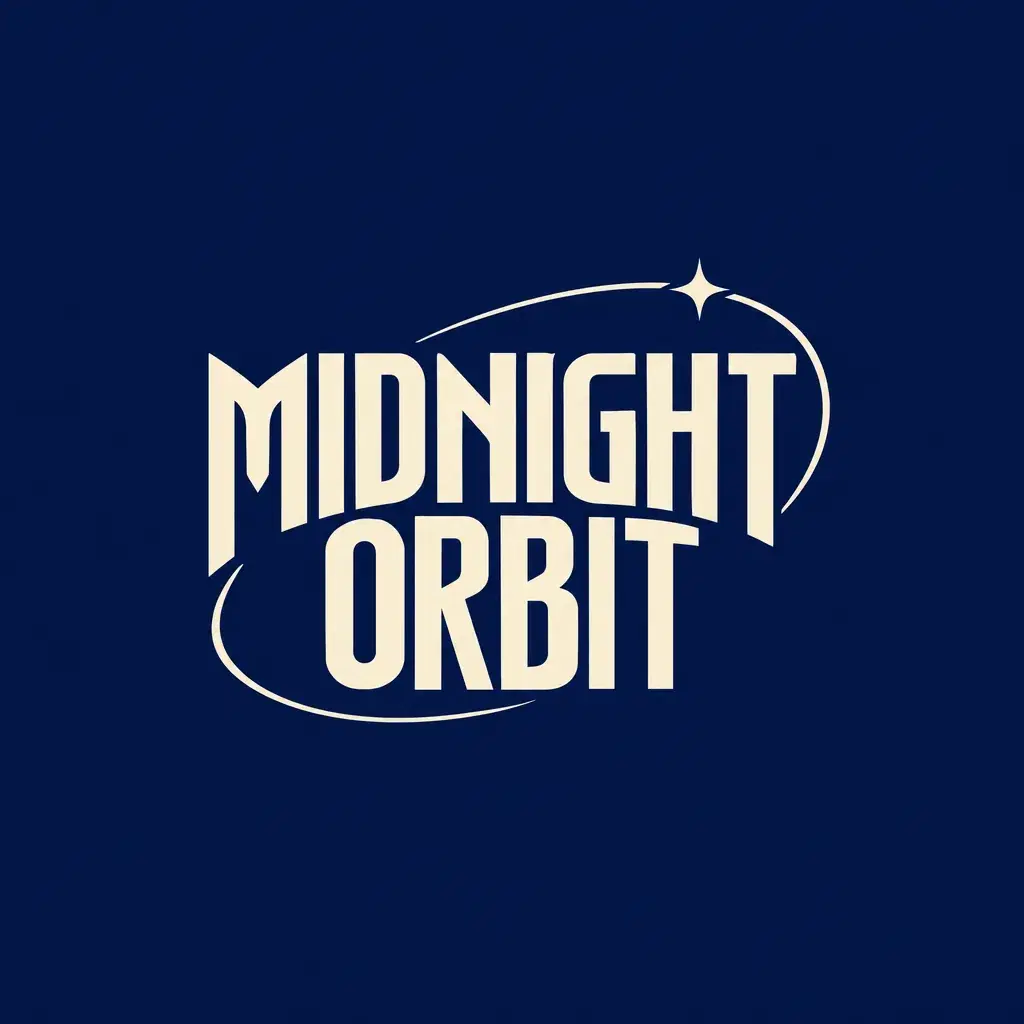 Logo space rock avec MIDNIGHT au-dessus d’ORBIT en lettres ivoire condensées, un arc orbital et une étoile à quatre branches sur fond bleu marine
