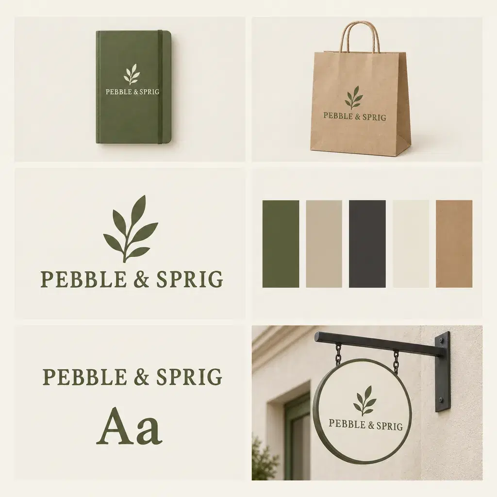 Brand board for PEBBLE & SPRIG with a leafy sprig logo, green and sand color swatches, an Aa type sample and notebook, paper bag and shop sign mockups