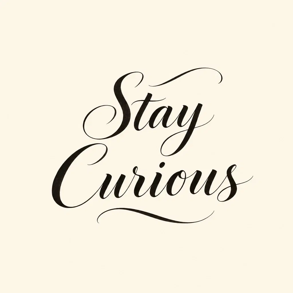 Calligraphy artwork of the words Stay Curious in black pointed-pen lettering on an ivory background.