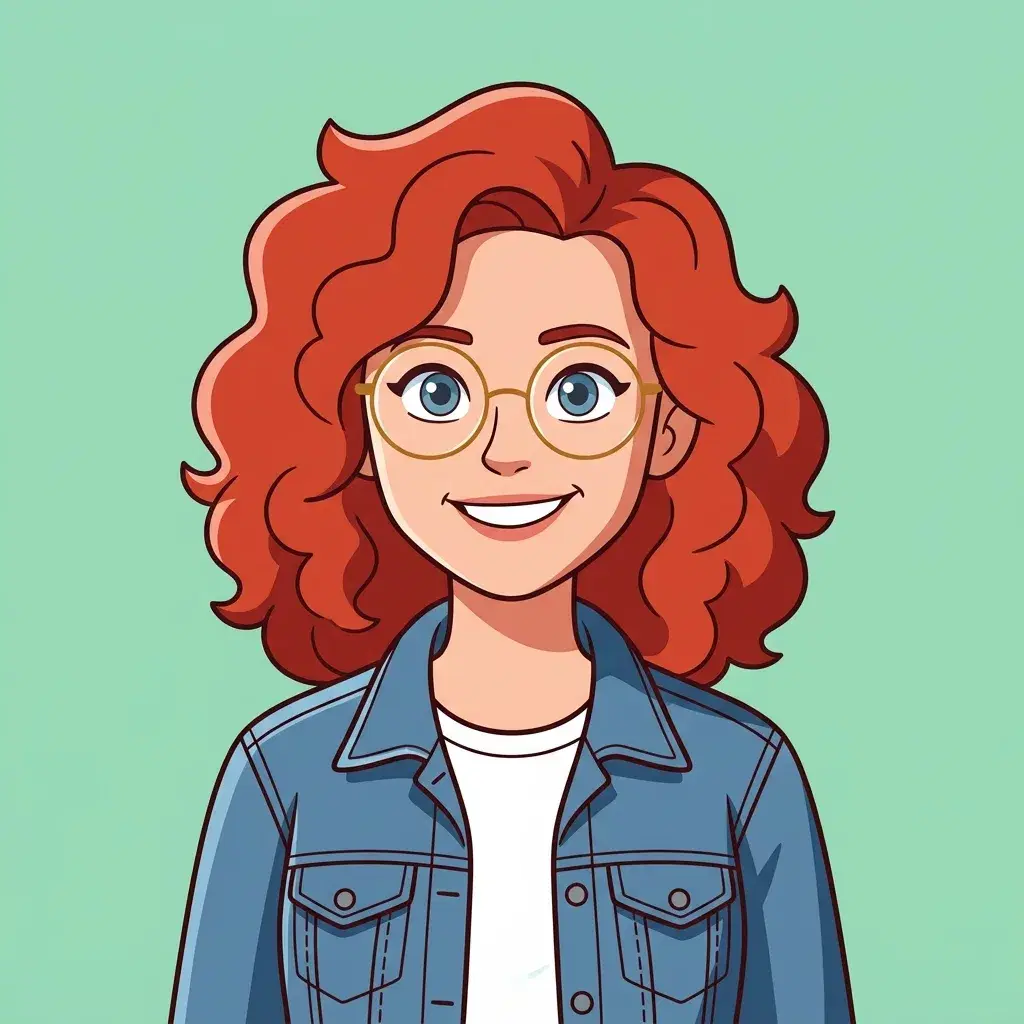 Retrato em cartoon de uma mulher com cabelo ruivo cacheado, óculos redondos e jaqueta jeans, desenhado com contornos escuros e limpos e sombreamento cel chapado em dois tons sobre um fundo verde-menta liso.