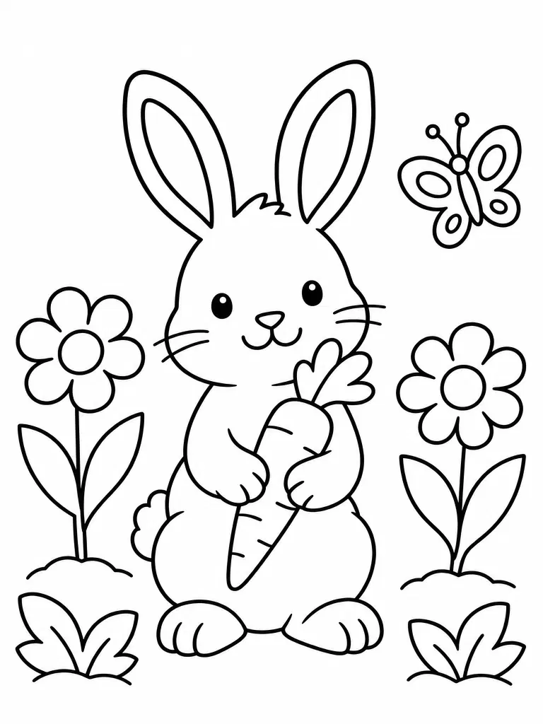 Black-and-white coloring page of a bunny holding a carrot between two flowers, with a butterfly above