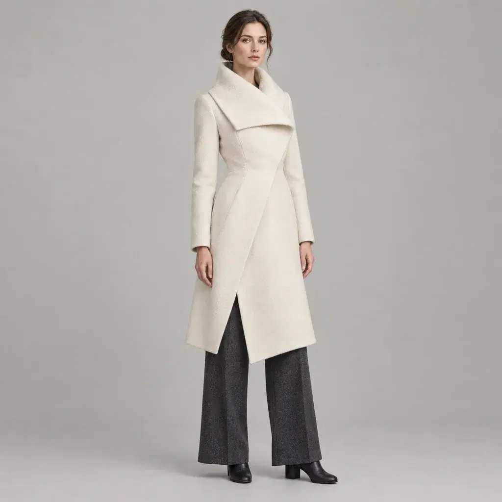 Fashion concept of an adult woman wearing an ivory folded-collar coat with a fitted waist and charcoal wide-leg trousers on a plain gray studio background