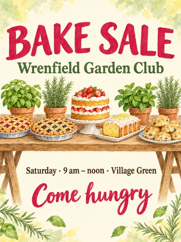 Flyer für einen Kuchenbasar mit in Aquarell gemalten Kuchen, Torten und Kräutertöpfen auf einem Klapptisch, mit dem Text: BAKE SALE; Wrenfield Garden Club; Saturday, 9 am – noon, Village Green; Come hungry