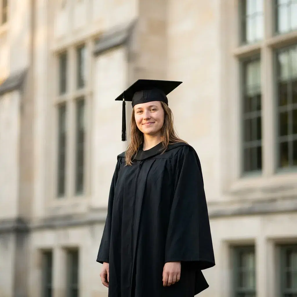 A graduate in a matte black gown and a level mortarboard with the tassel hanging to one side, standing three-quarter length in soft late-afternoon light, with a pale campus building falling well out of focus across the whole upper part of the frame.