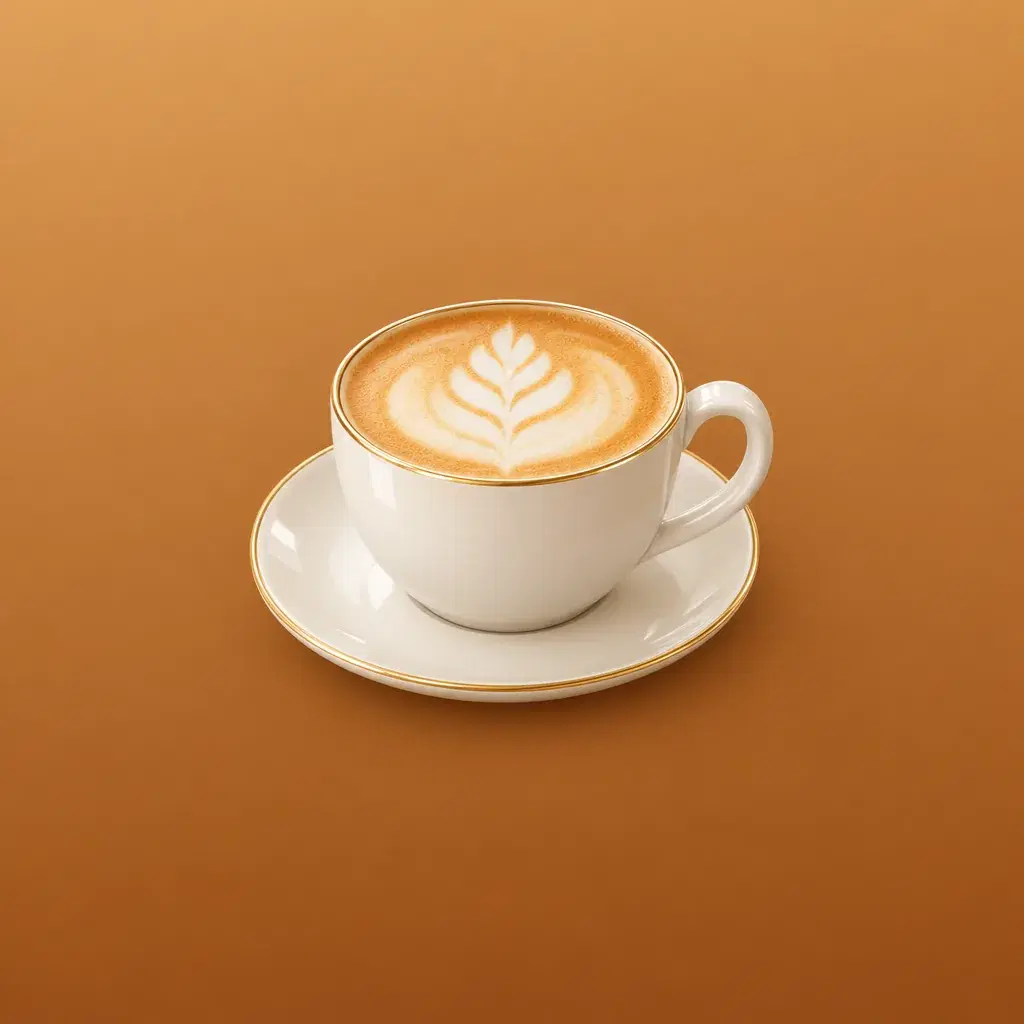 App-Icon in glänzendem 3D: eine Tasse Milchkaffee mit Milchschaum-Muster auf einer Untertasse, zentriert auf einem warmen Karamellton, der bis an jeden Rand des Quadrats reicht