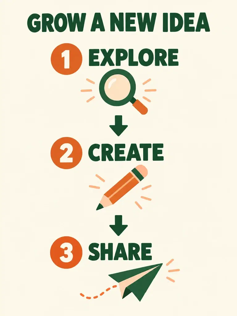 Portrait infographic titled GROW A NEW IDEA with three downward-linked stages: 1 EXPLORE, 2 CREATE and 3 SHARE.