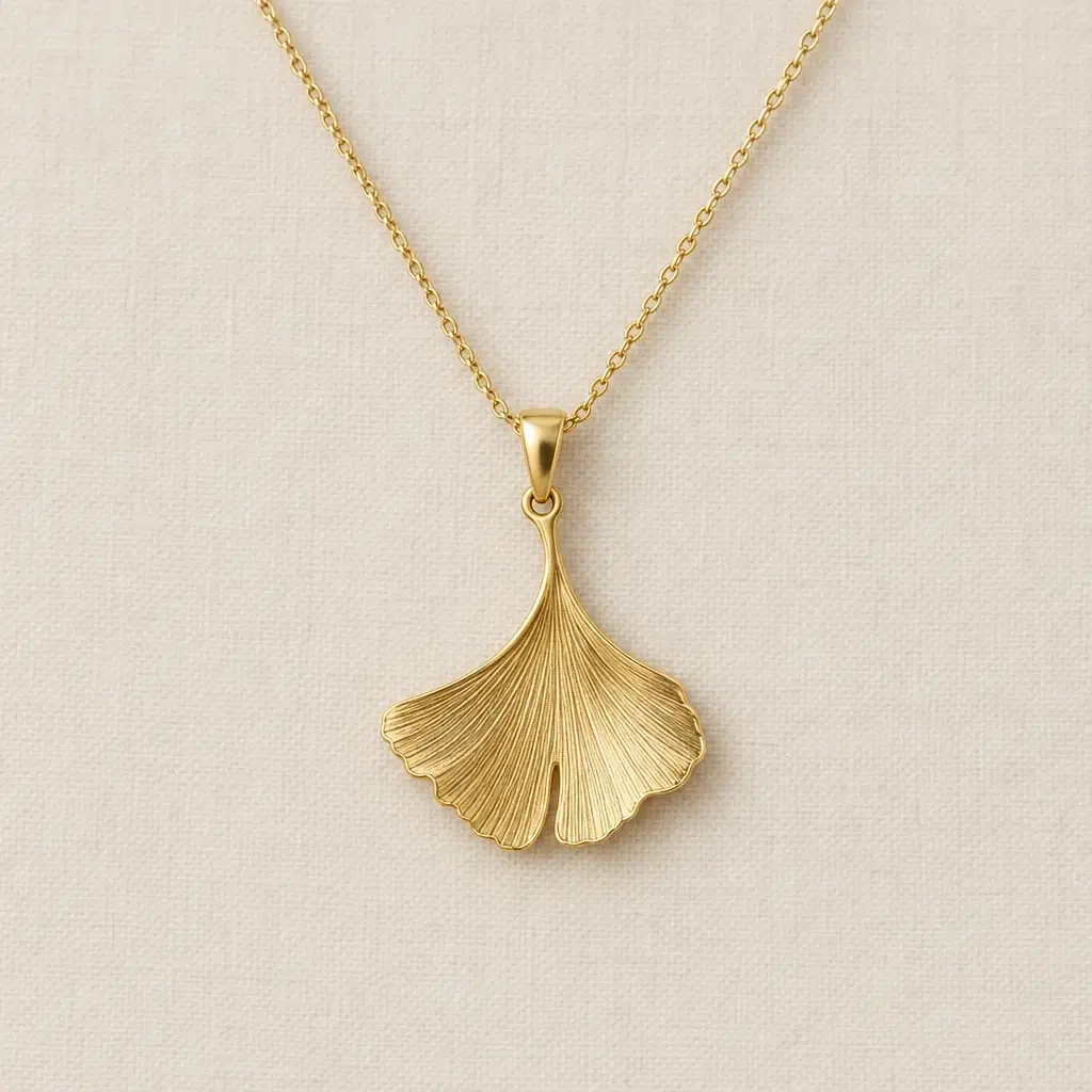 Gold ginkgo-leaf pendant — Studio jewelry concept showing metal finish and connected components