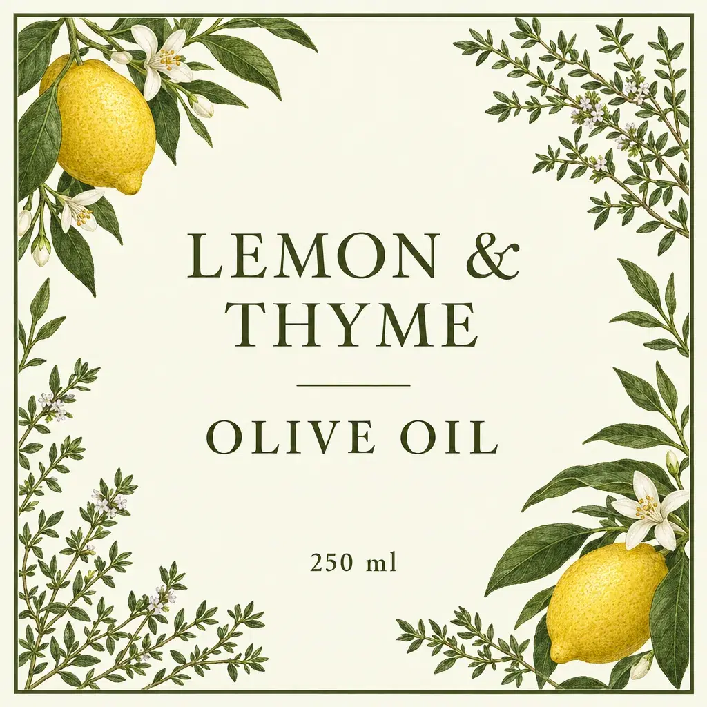 Cremefarbenes und olivgrünes Etikett mit Zitronen, Thymian, LEMON & THYME, OLIVE OIL und 250 ml