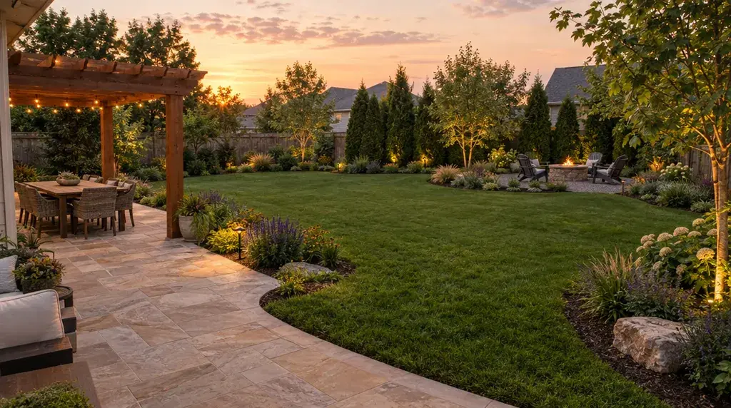 Photorealistic backyard landscape design with lawn, layered planting, limestone patio, pergola and fire-pit seating