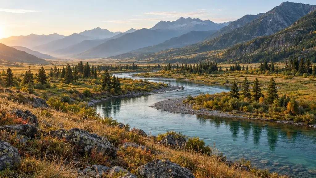 AI-generated mountain valley with a winding clear river, pine trees, golden grasses and sunrise over distant ridges