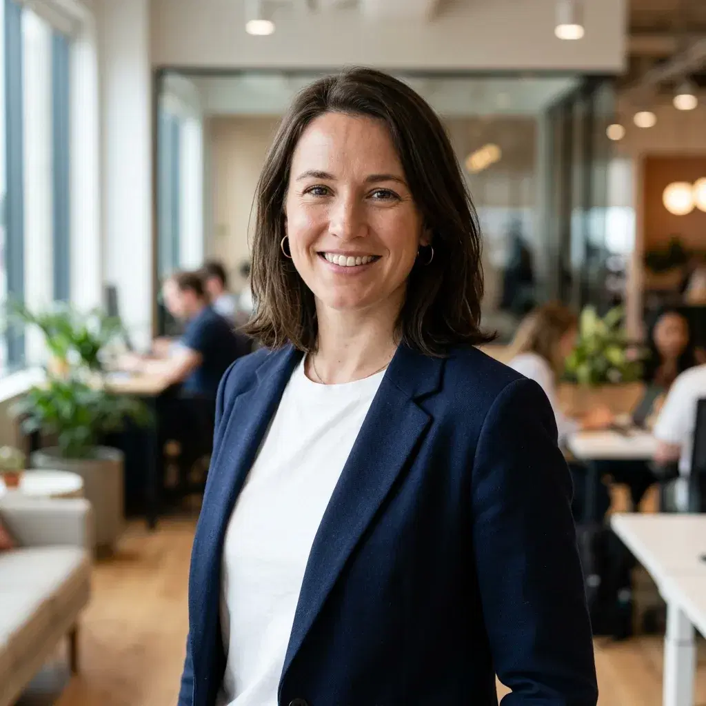 Professional LinkedIn headshot of a woman in a navy blazer and white shirt smiling in a softly blurred modern office