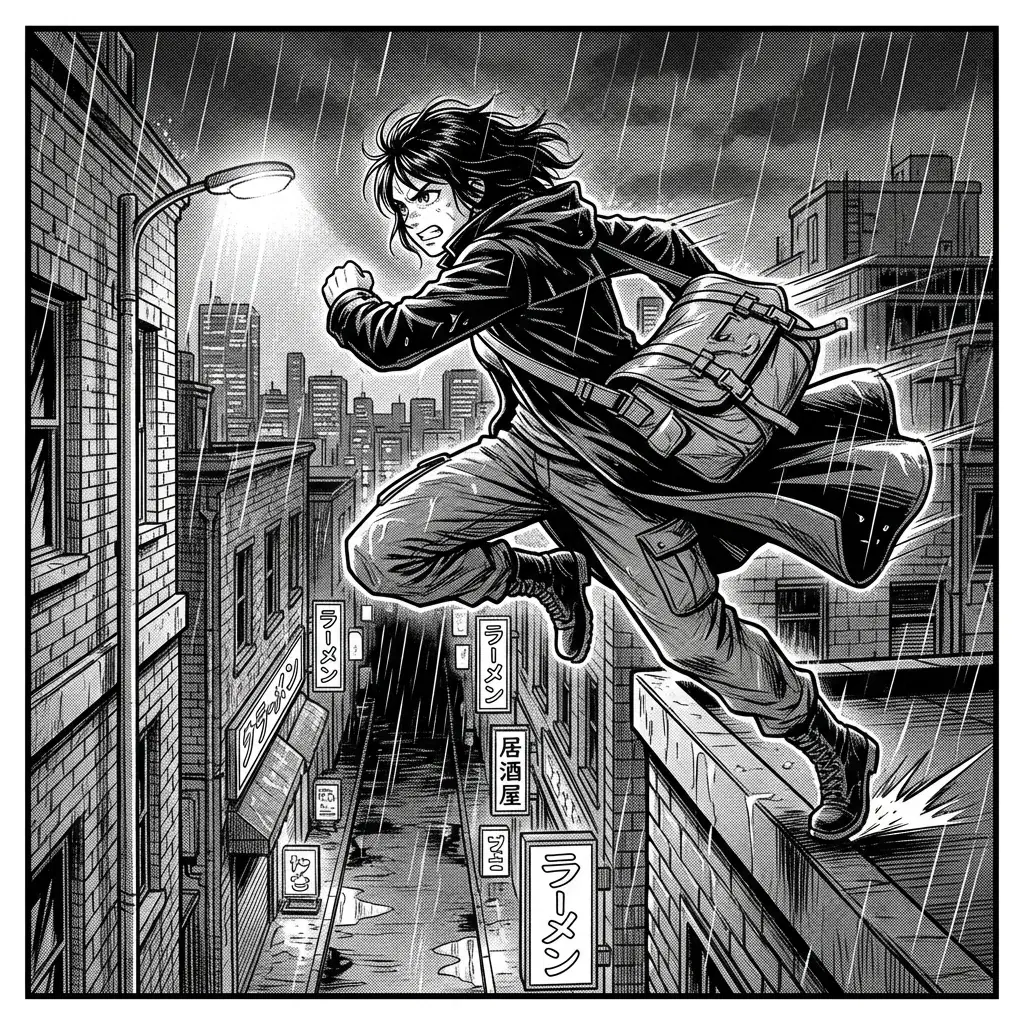 Black-and-white manga illustration of a rooftop courier leaping across a rainy city alley with a messenger bag