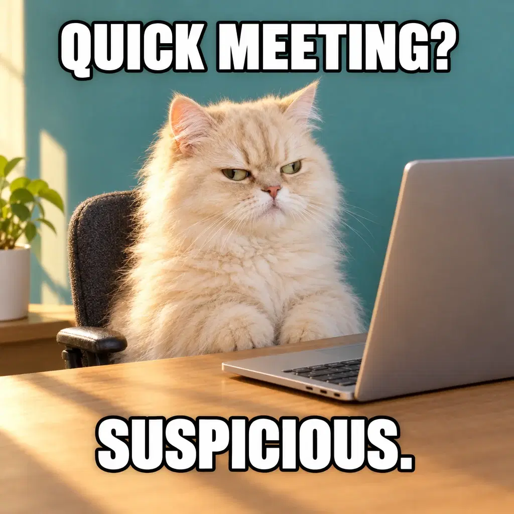 Cremefarbene Katze vor einem Laptop mit den Bildtexten QUICK MEETING? und SUSPICIOUS.