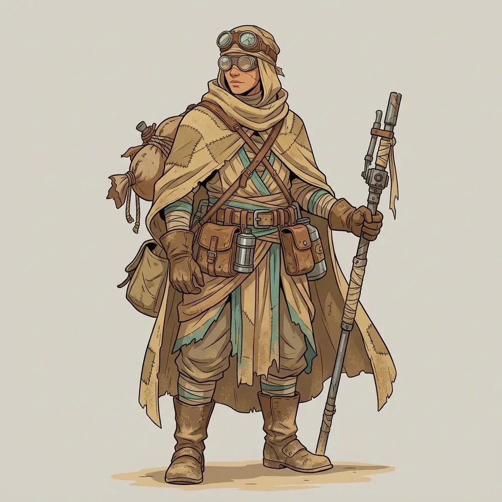 Full-body character design of a desert scavenger in a patched sand-coloured cloak with cracked goggles and a scavenged toolbelt