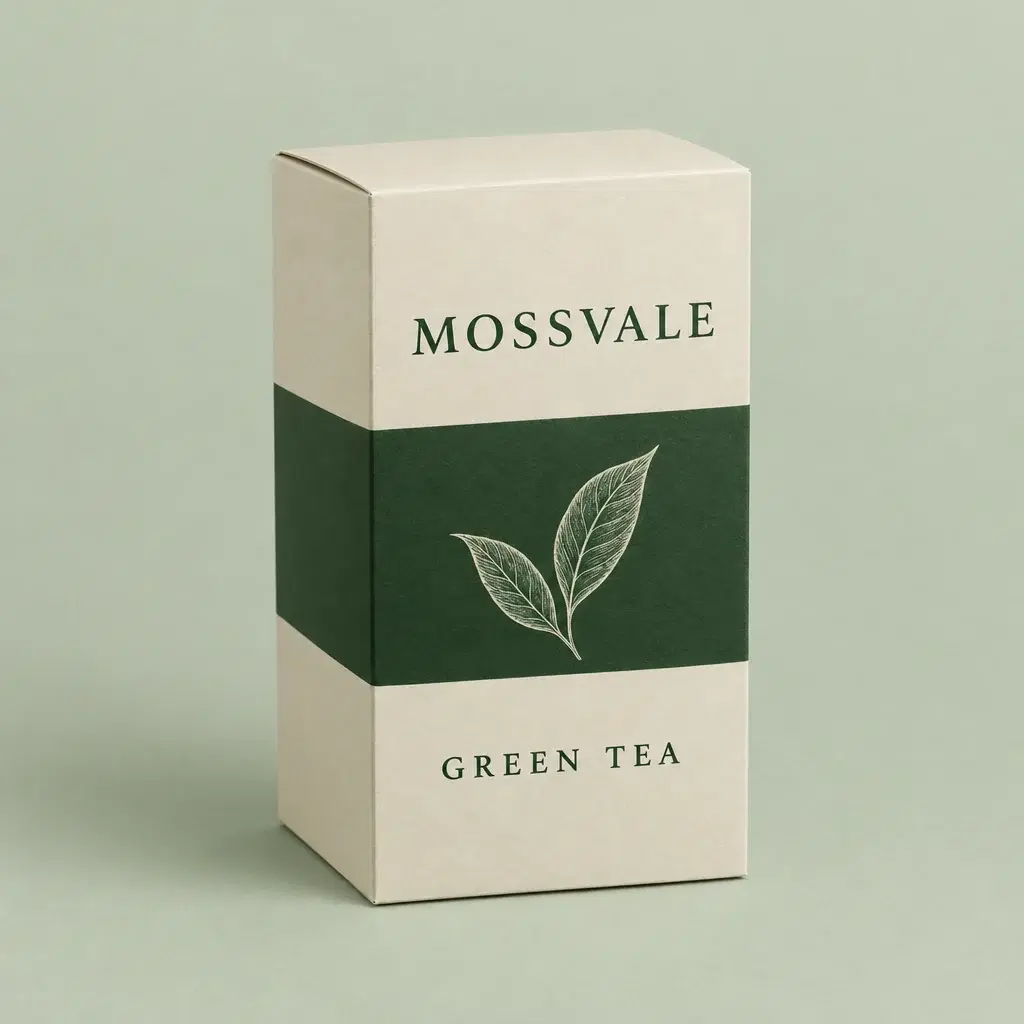MOSSVALE-Teekarton — Zusammengesetzte Verpackung mit sichtbarer Vorder- und Seitenfläche