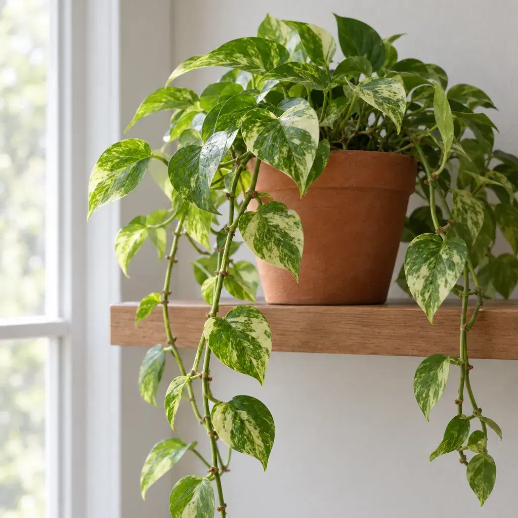 Trailing pothos in a terracotta pot on a wooden shelf in soft morning window light
