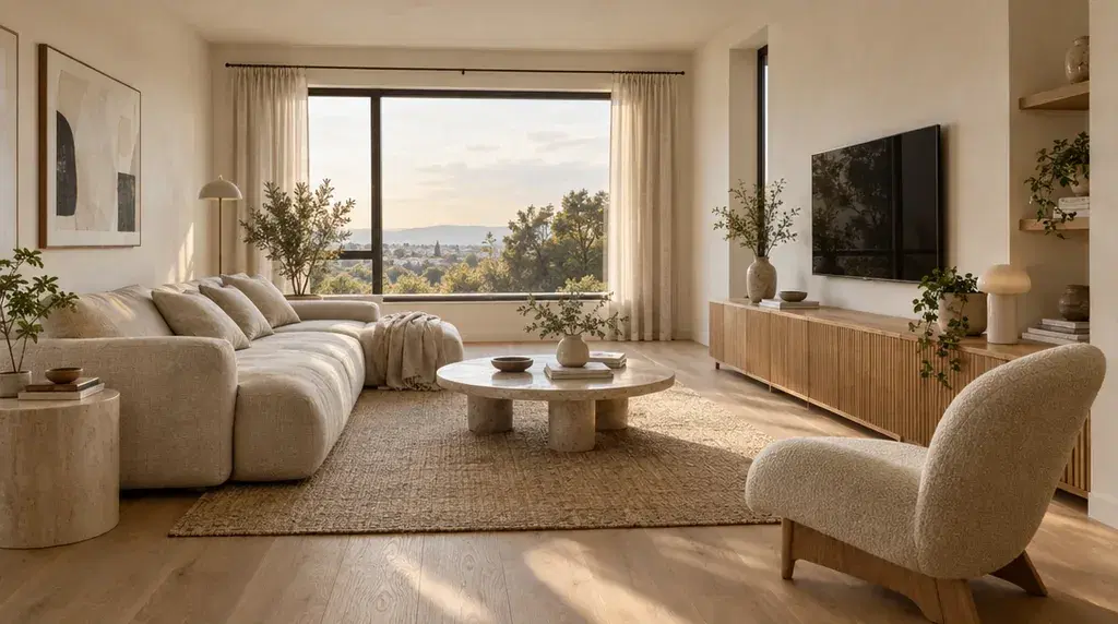 Fotorealistisches, modernes Wohnzimmer mit warmweißen Wänden, hellen Eichenmöbeln, einem naturbeigen Sofa und sanftem Nachmittagslicht
