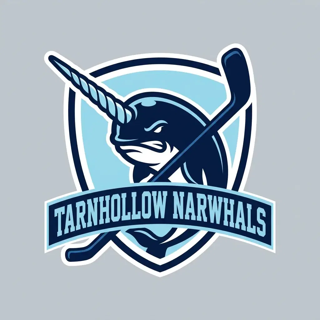 Hockey logo: a scowling navy narwhal with a spiral tusk and hockey stick on an ice-blue shield, TARNHOLLOW NARWHALS on a banner.