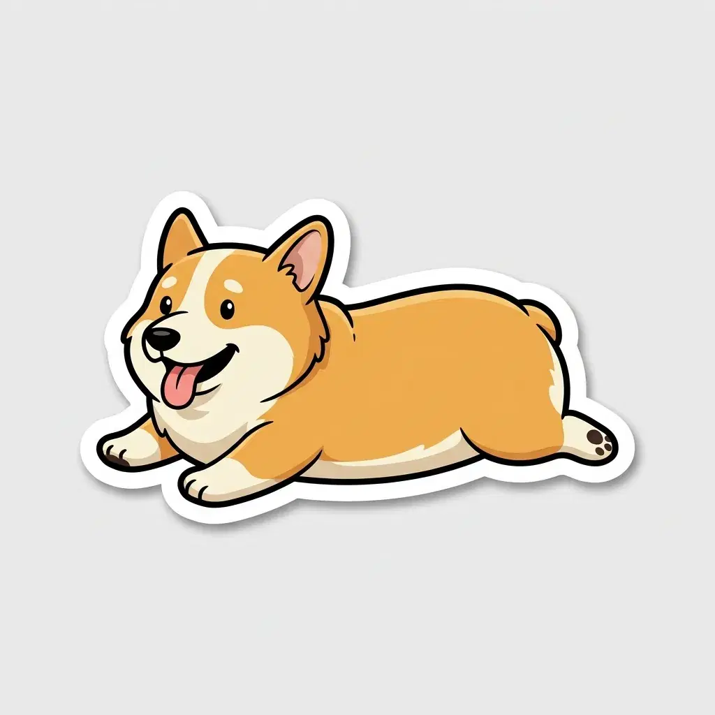 Die-cut sticker of a chubby corgi lying on its belly with its tongue out, seen from the side, drawn in flat tan and cream with a dark contour and a thick white cut border