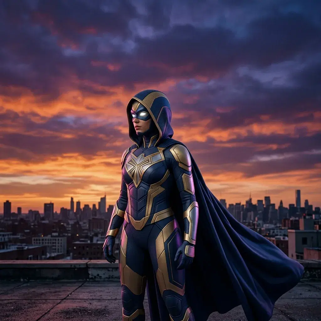 Superhero illustration of a woman in a navy and gold hooded suit with an invented chest emblem and a long cape, standing against a dusk city skyline