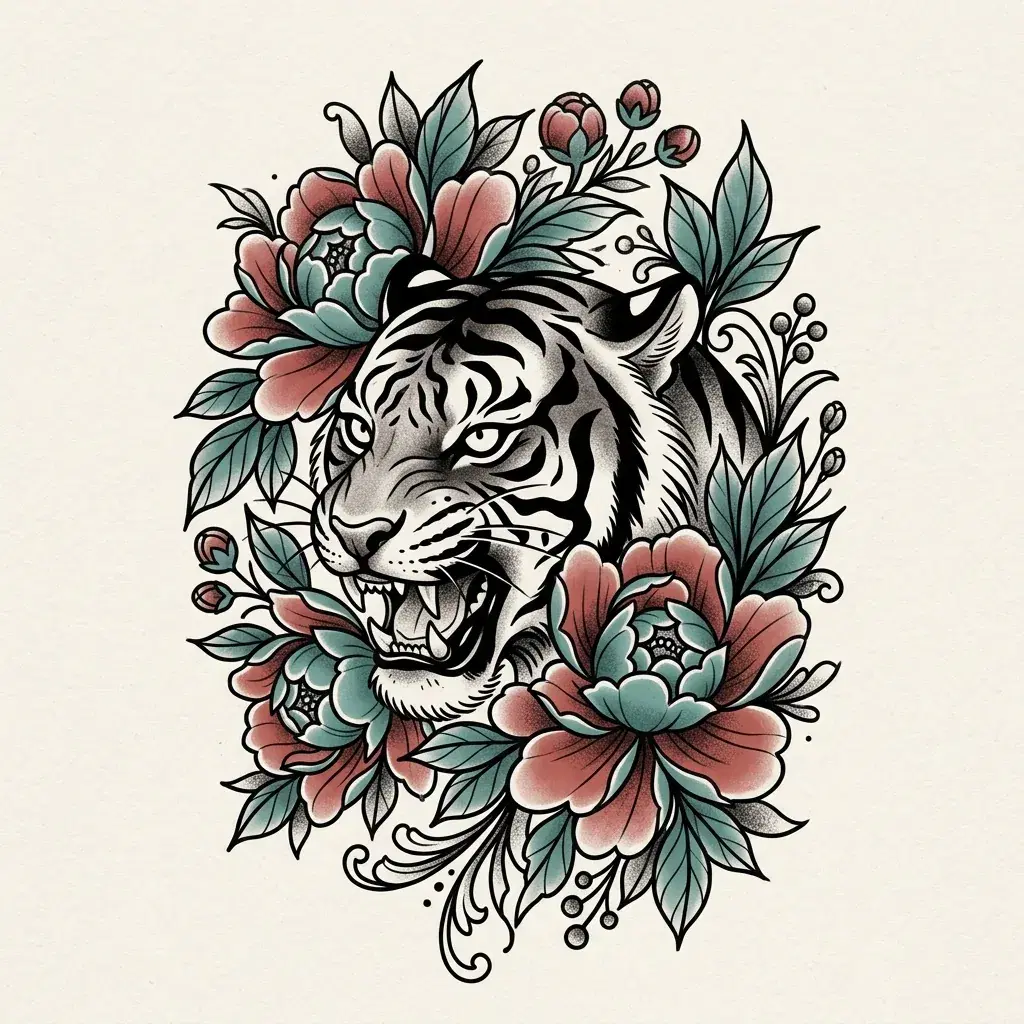 Neo-traditional tattoo design of a tiger head among peonies in muted red and teal on plain paper