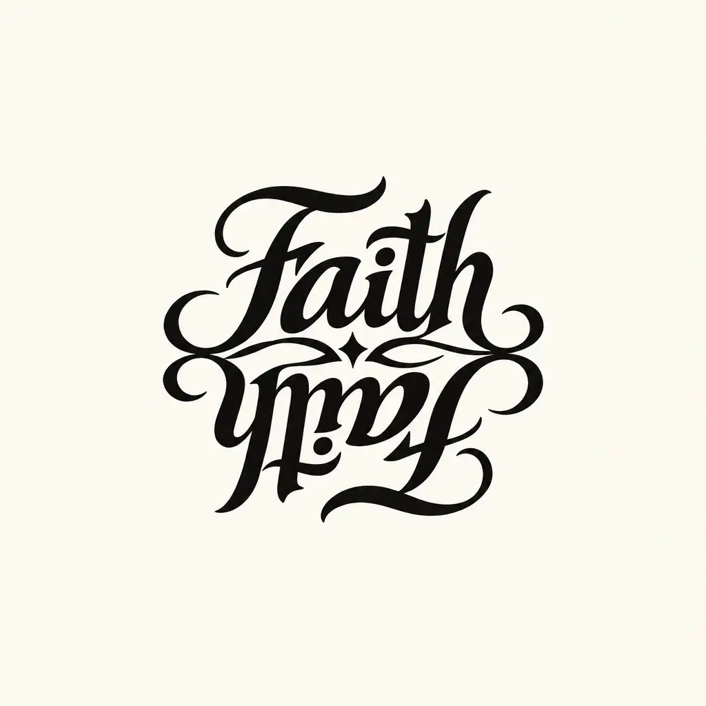Ambigram tattoo design of the word Faith in bold black calligraphic script, with the same word upside down beneath it so the design reads the same when turned around