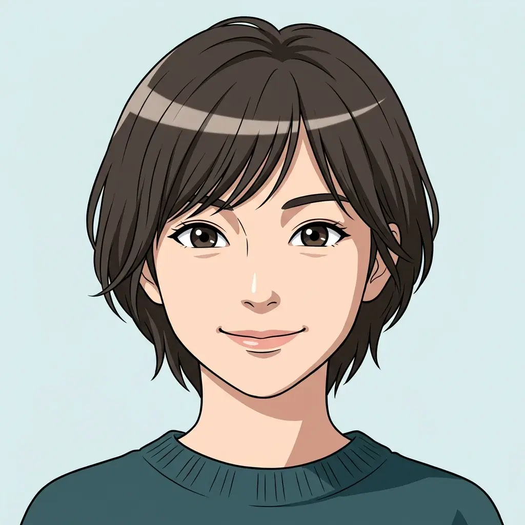 An anime portrait generated from a description: clean linework, cel shading in a few tone steps and expressive eyes against a soft plain background