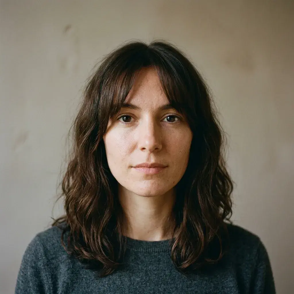صورة قريبة للرأس والكتفين لامرأة بشعر بنّي داكن طويل وغرة ستائرية ناعمة مفروقة من الوسط تتدرّج من طول عظمة الوجنة نزولًا إلى طرف حاجبها الخارجي، بإضاءة متساوية أمام جدار رمادي دافئ سادة، والغرة تلقي ظلًا خفيفًا على جبهتها.