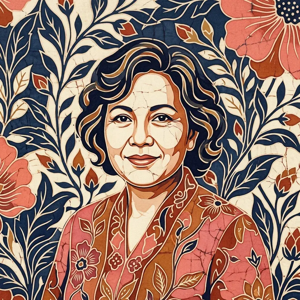 Batik portrait of a woman with short dark wavy hair and a coral floral blouse amid cream leaves and coral flowers on an indigo background