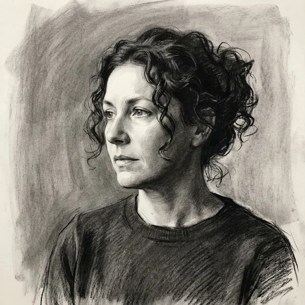一位穿着深色毛衣的卷发女性炭笔画，脸颊明亮，身后有粗犷的灰色阴影