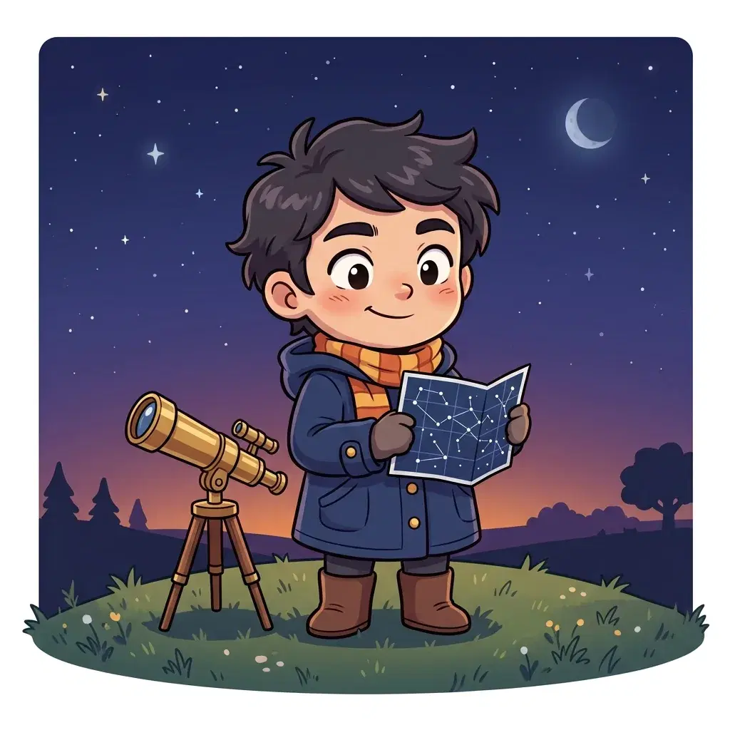 Full-body chibi astronomer beside a small telescope under a starry sky