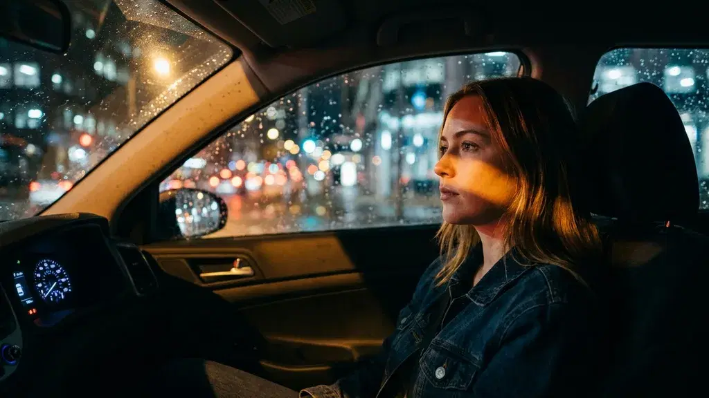 夜の車内に座るデニムジャケットの女性。暖かい琥珀色の光の帯が顔と髪をよぎり、左下ではメーターが灯り、雨粒のついた窓の外では街が白・赤・青緑の柔らかな光の円に溶けている。