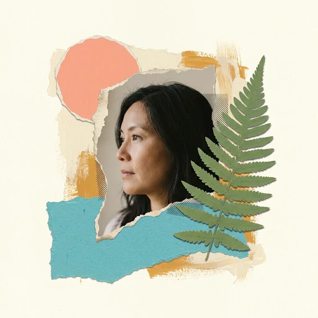 Mixed-media collage of a dark-haired woman looking left, with a green fern, a coral circle and torn turquoise paper on a cream ground