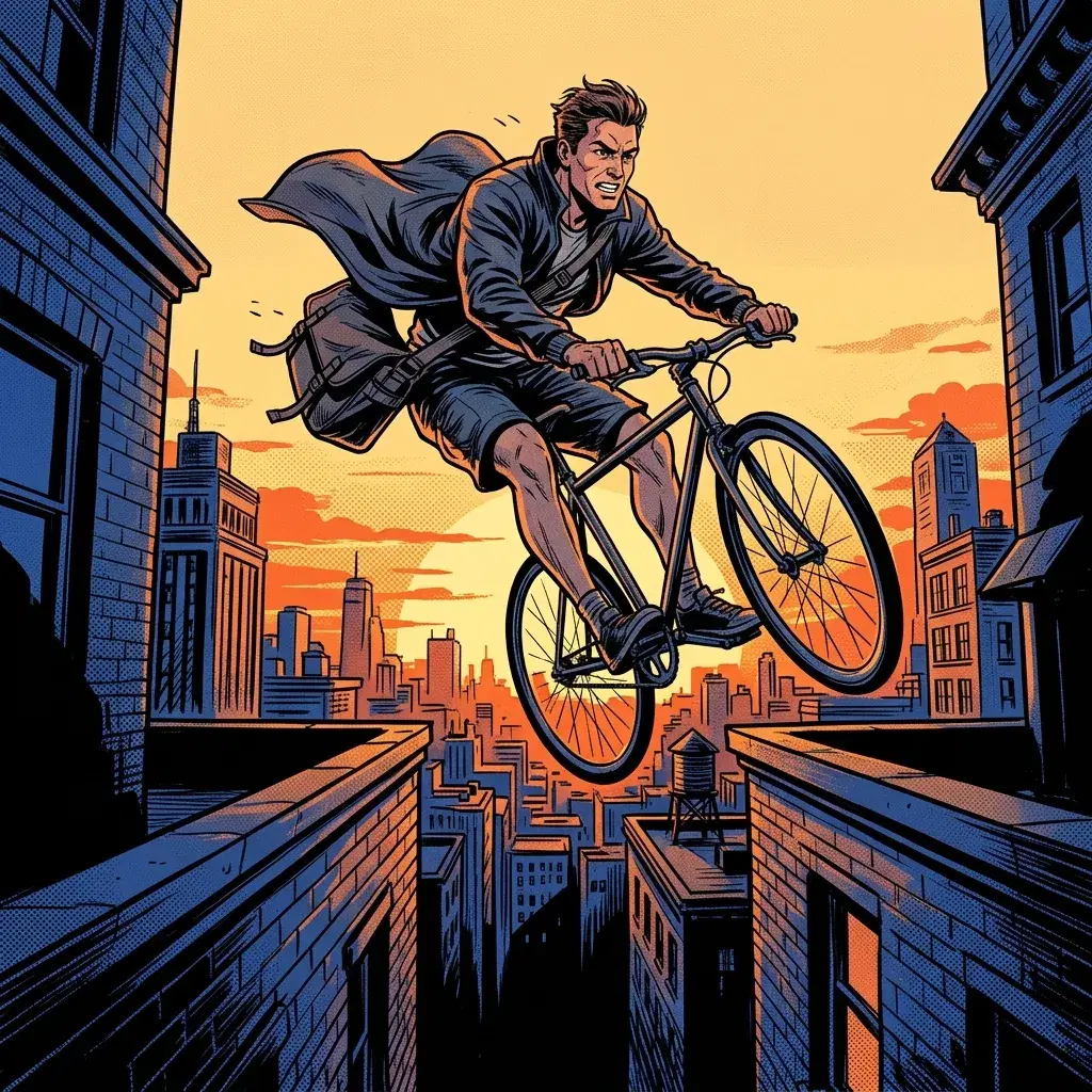 Comic-book illustration of a bicycle courier jumping between rooftops at sunset