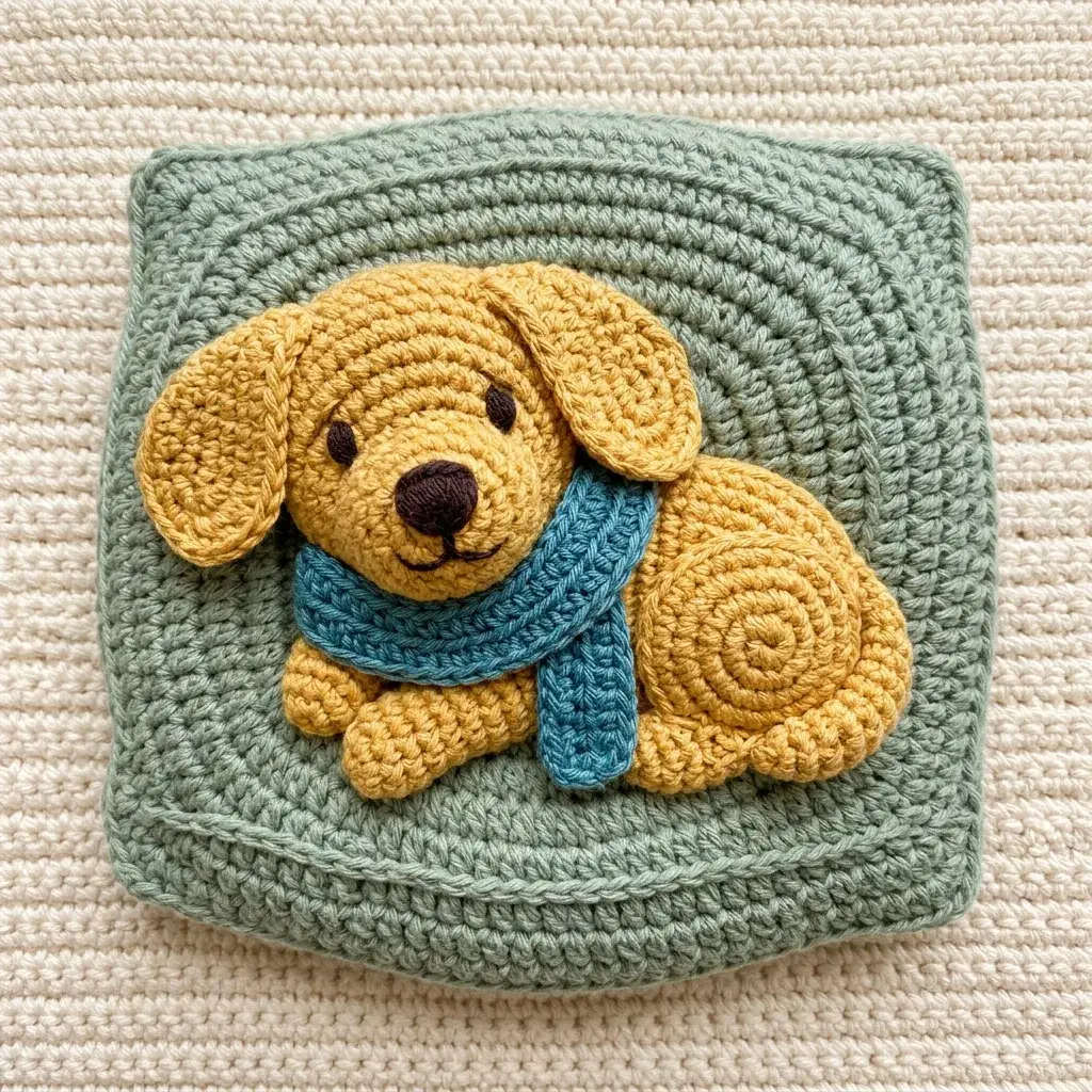 Arte em crochê de um cachorrinho dourado com orelhas caídas e um cachecol azul-petróleo descansando em uma almofada de fios verde-sálvia contra um fundo creme