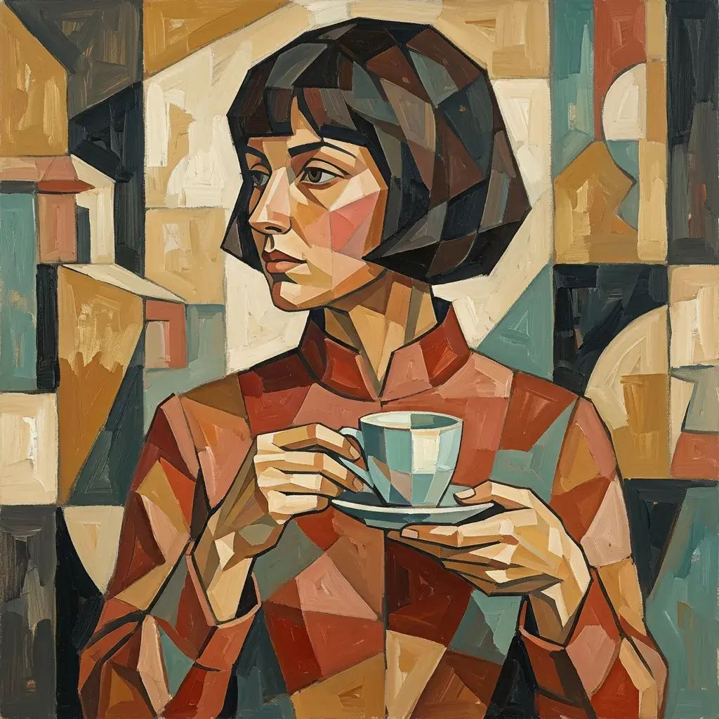 Cubist woman with a short dark bob and rust-red blouse holding a pale blue cup, painted in overlapping ochre, teal and cream planes