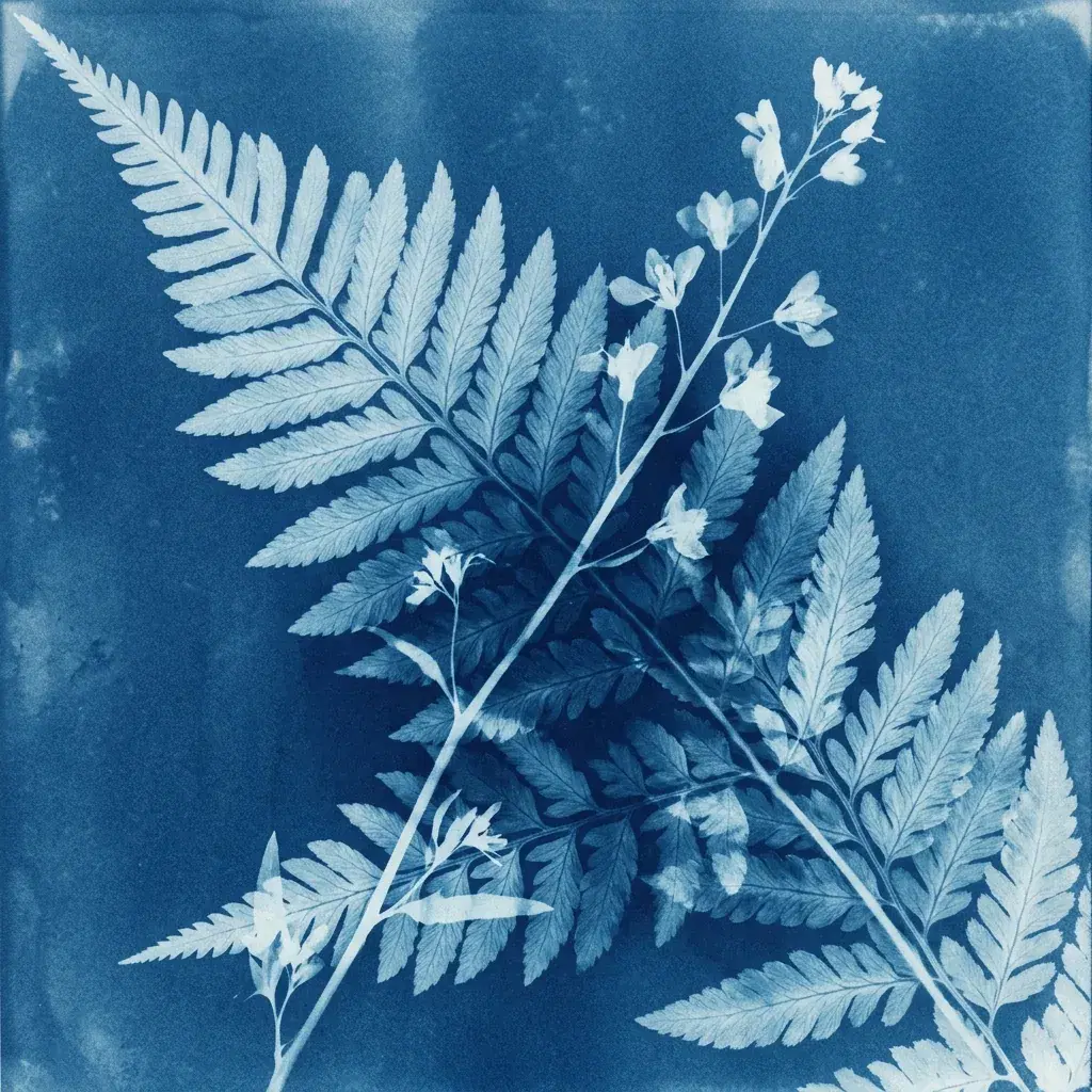 Cyanotype-style image of pale fern fronds and flowering stems overlapping on a textured Prussian blue ground