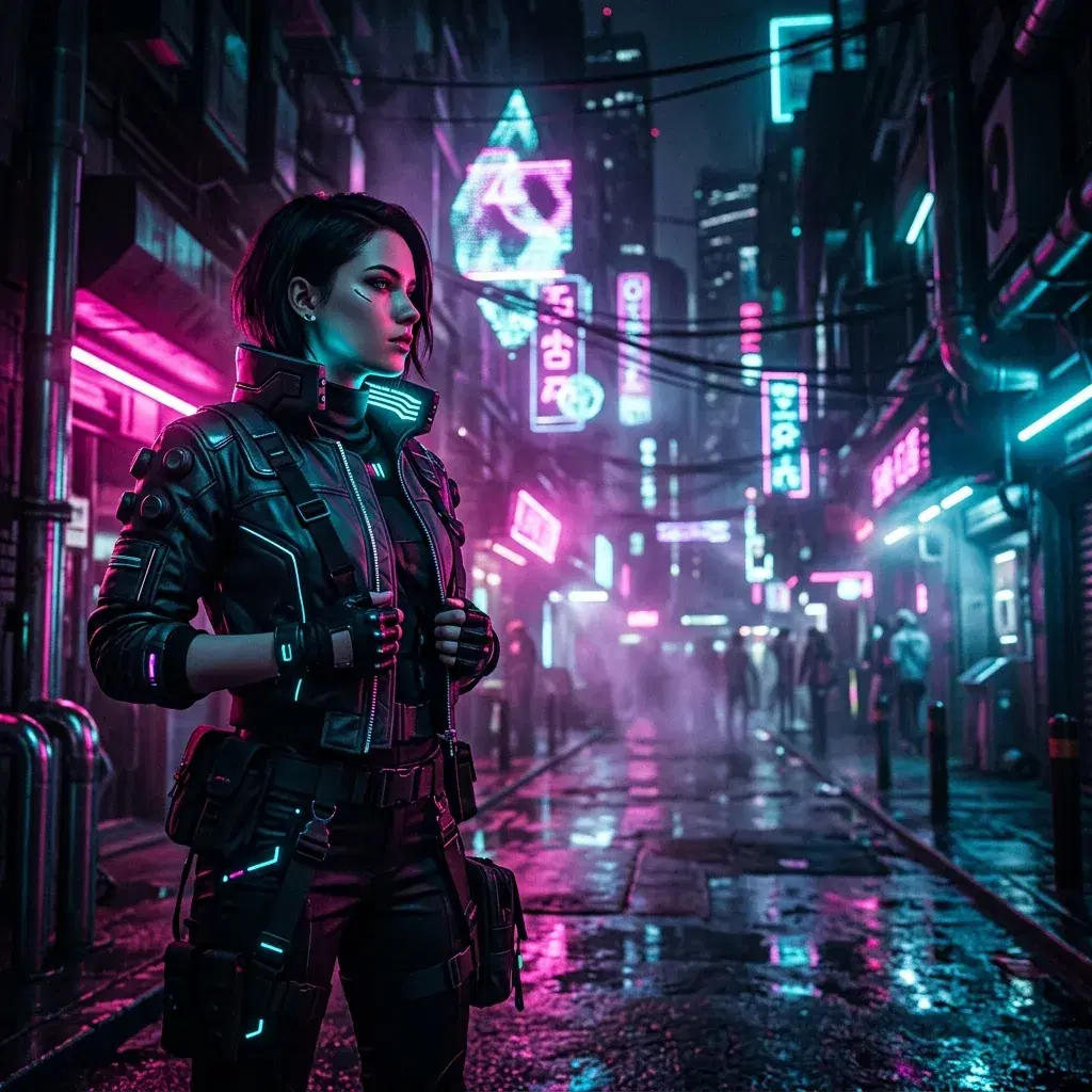 Cyberpunk night portrait lit by magenta and cyan neon on a wet city street