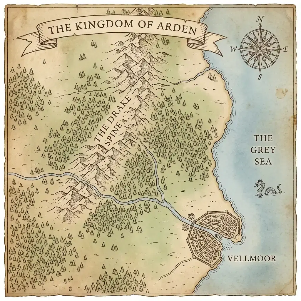 Un mapa en pergamino dibujado a mano titulado THE KINGDOM OF ARDEN: un territorio interior de bosques de pinos con una cordillera punteada rotulada THE DRAKE SPINE, un río que corre hacia el este hasta una ciudad amurallada rotulada VELLMOOR en la costa, una serpiente marina dibujada en el agua rotulada THE GREY SEA y una rosa de los vientos arriba a la derecha