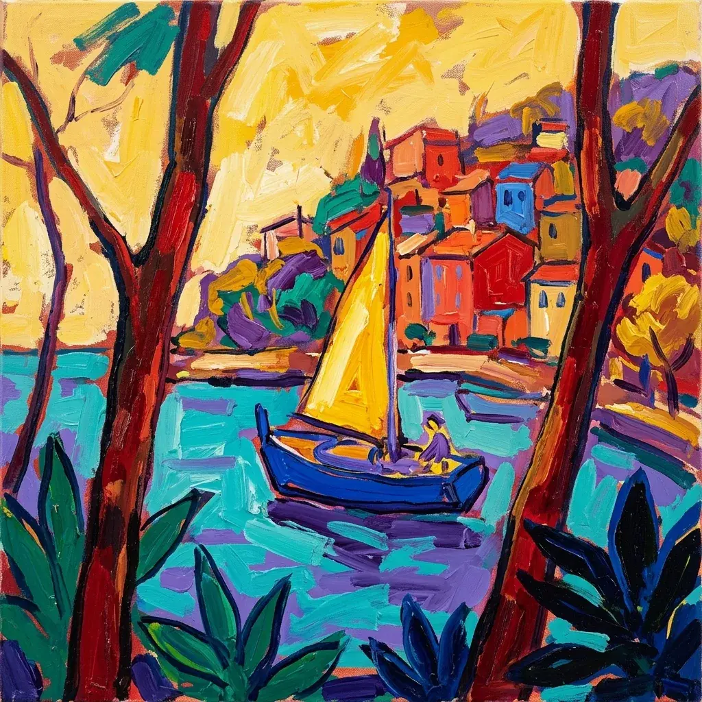 Pintura de puerto fauvista con un barco azul de velas amarillas, edificios coloridos en la colina, troncos de árboles rojos y cielo amarillo