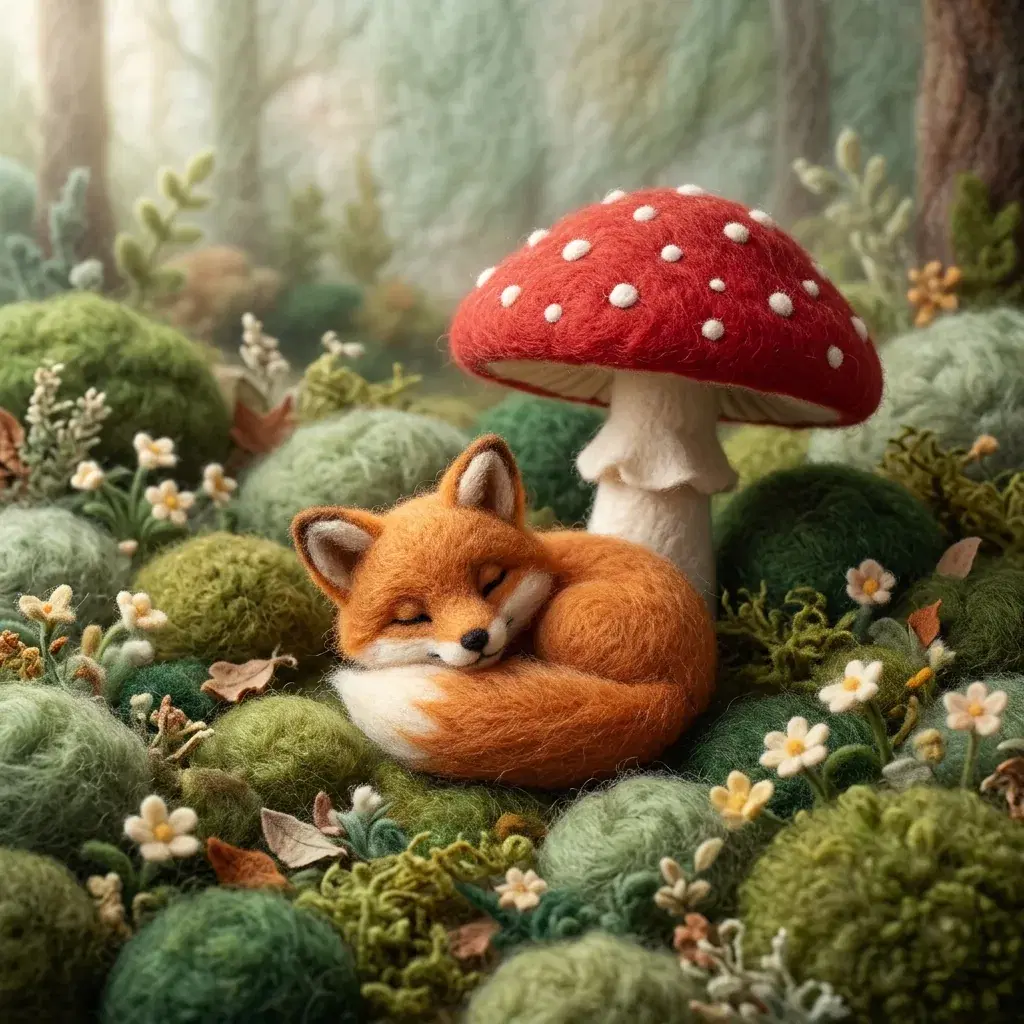 Felt art illustration of an orange fox curled beneath a red mushroom among rounded green moss and small cream flowers