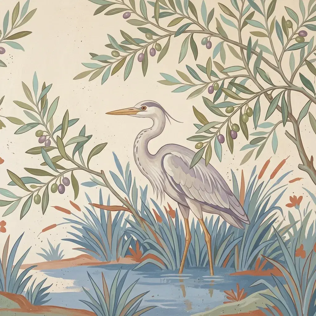 Fresco-style painting of a pale heron among olive branches and blue-green reeds on a warm cream plaster-textured ground