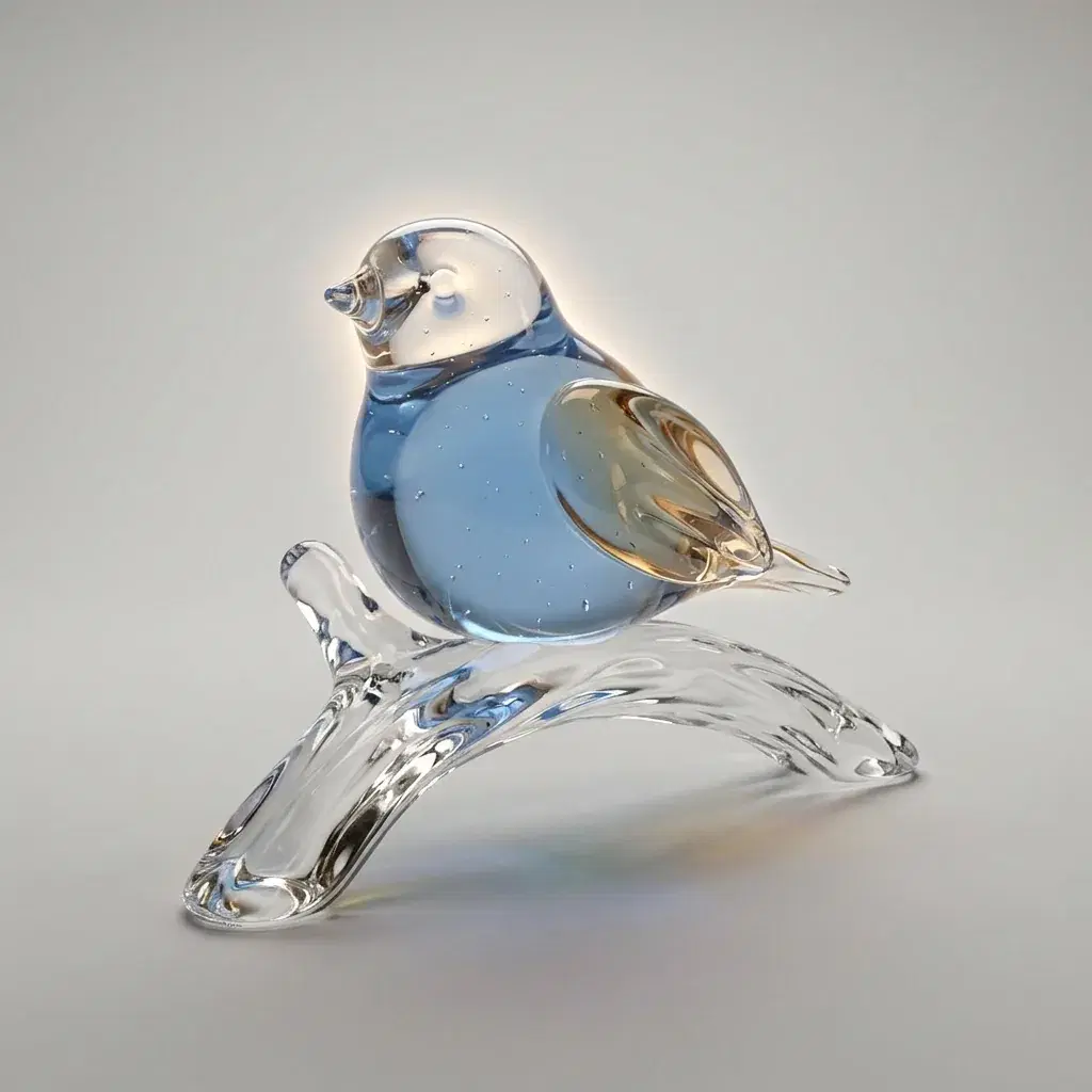 Glass bird with a blue body, a pale clear head and amber wing detail, perched on a curved clear-glass branch against a gray background