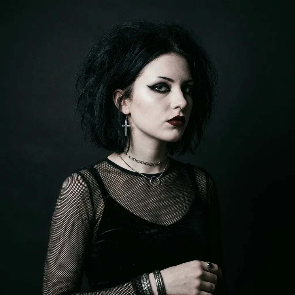 A goth portrait generated from a description: pale skin, heavy dark eye makeup and a deep matte lip, lit from one side against a near-black backdrop