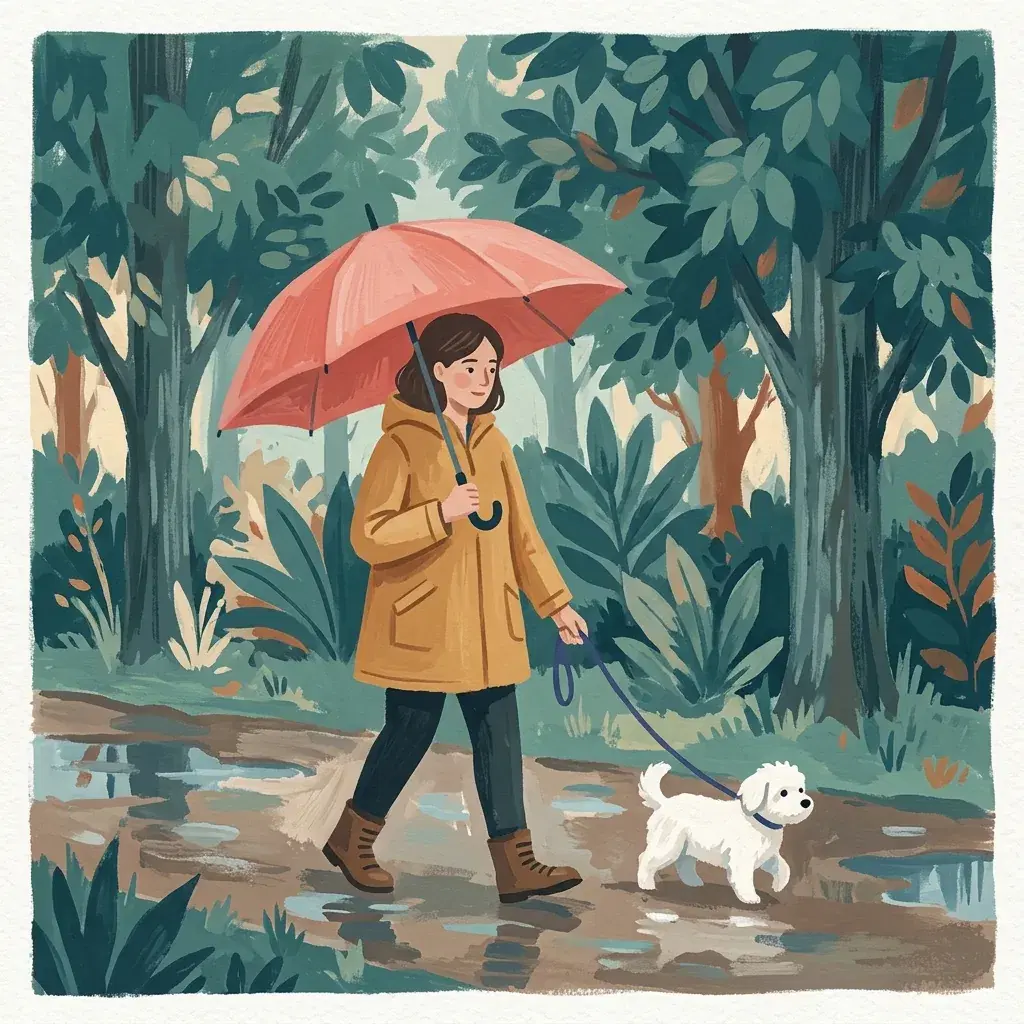 Gouache illustration of a woman in an ochre coat with a coral umbrella, walking a white dog through a leafy park
