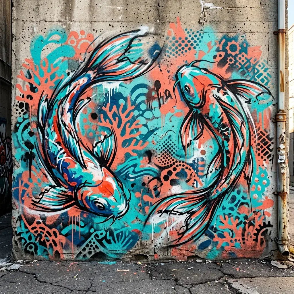 两条锦鲤横贯混凝土墙面的彩色涂鸦壁画