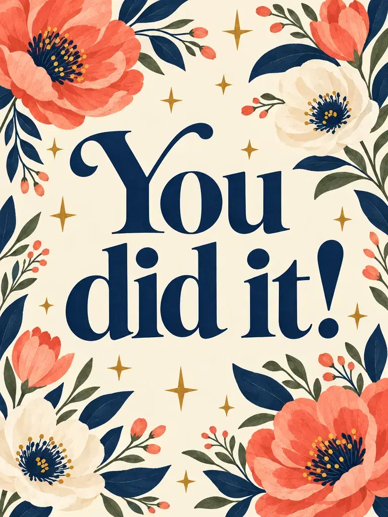 Cream greeting card with coral flowers, navy leaves, gold star shapes and the large message You did it!